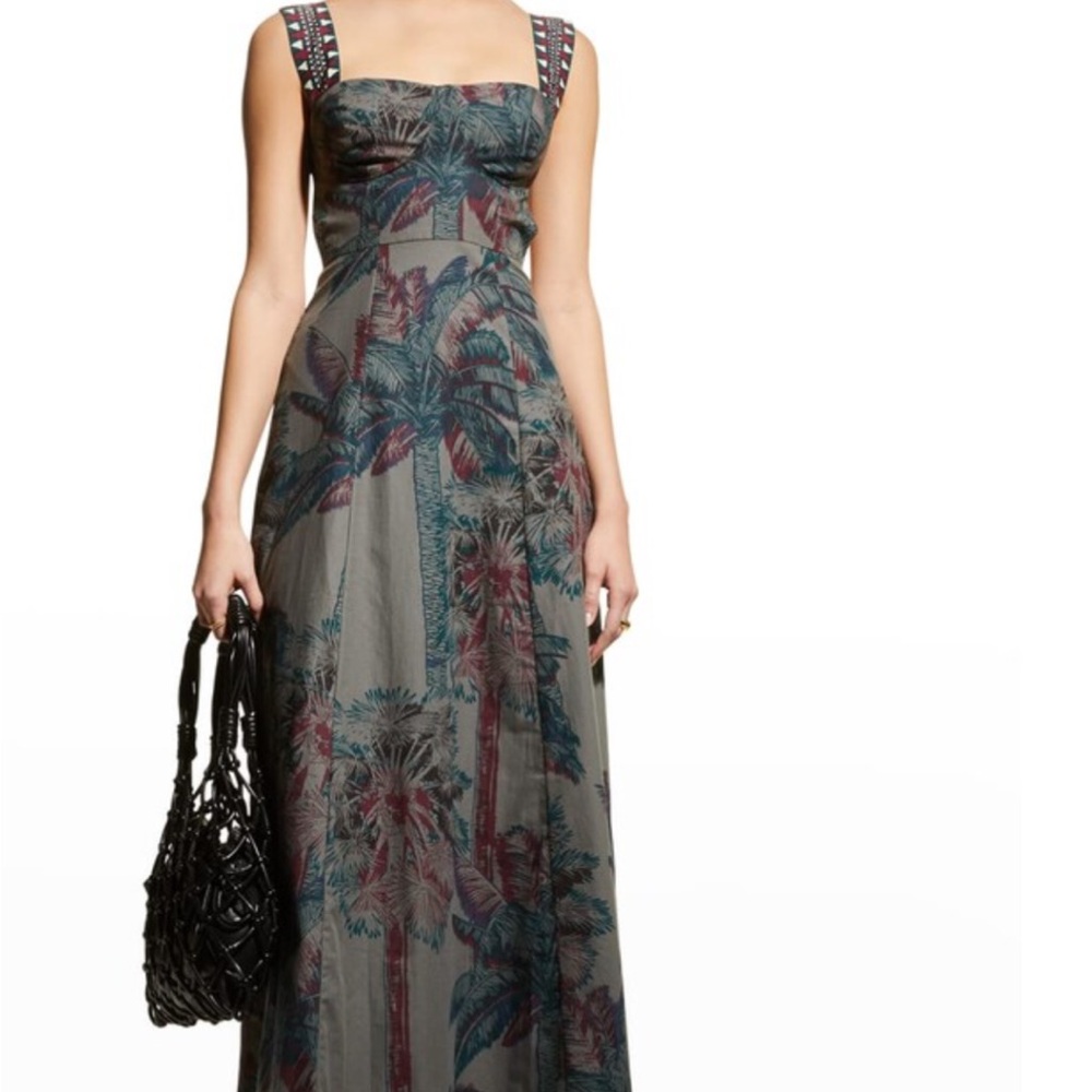 Emporio Sirenuse Positano Azzurra Palm Leaf Print Maxi Dress